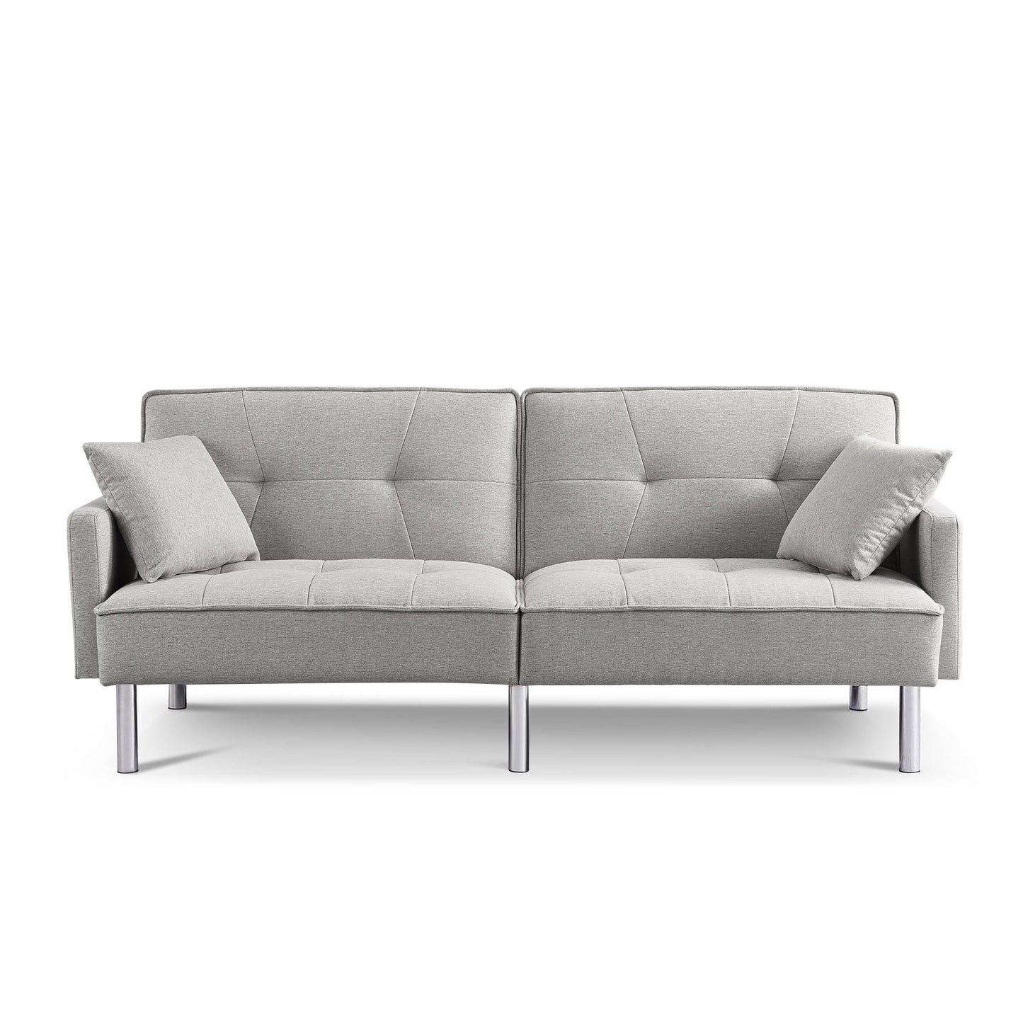 85" Light Gray Polyester Blend Convertible Futon Sleeper Sofa And Toss Pillows With Silver Legs