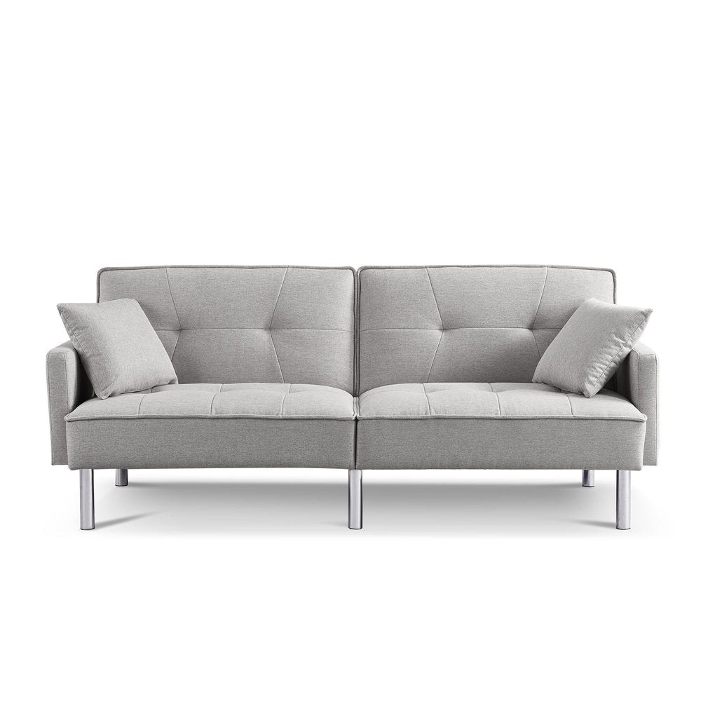 85" Light Gray Polyester Blend Convertible Futon Sleeper Sofa And Toss Pillows With Silver Legs HomeRoots