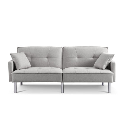 85" Light Gray Polyester Blend Convertible Futon Sleeper Sofa And Toss Pillows With Silver Legs HomeRoots
