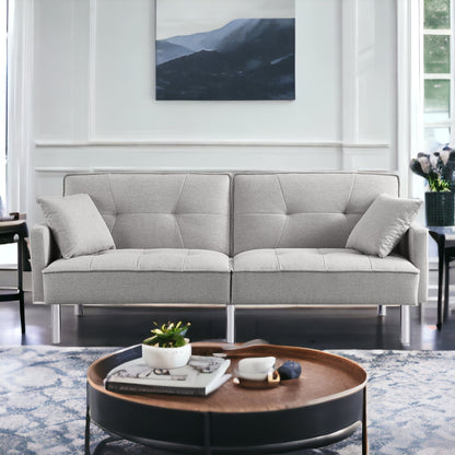 85" Light Gray Polyester Blend Convertible Futon Sleeper Sofa And Toss Pillows With Silver Legs