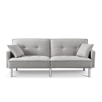 85" Light Gray Polyester Blend Convertible Futon Sleeper Sofa And Toss Pillows With Silver Legs