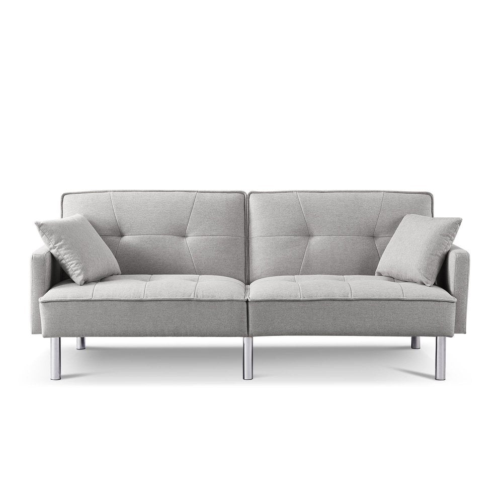 85" Light Gray Polyester Blend Convertible Futon Sleeper Sofa And Toss Pillows With Silver Legs HomeRoots