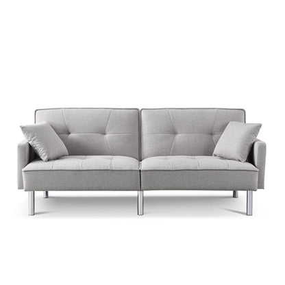 85" Light Gray Polyester Blend Convertible Futon Sleeper Sofa And Toss Pillows With Silver Legs HomeRoots