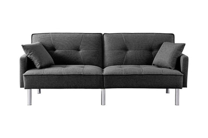85" Dark Gray Polyester Blend Convertible Futon Sleeper Sofa And Toss Pillows With Silver Legs HomeRoots