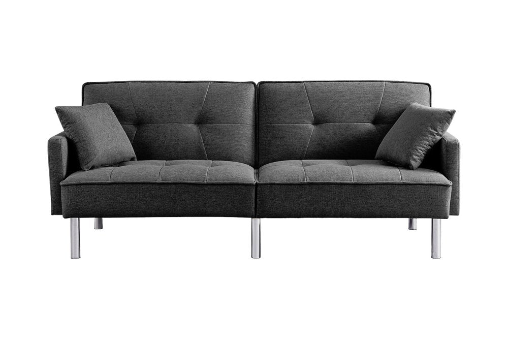 85" Dark Gray Polyester Blend Convertible Futon Sleeper Sofa And Toss Pillows With Silver Legs HomeRoots