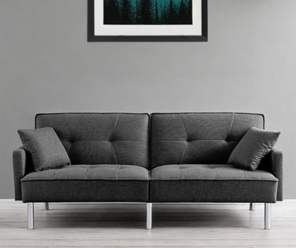 85" Dark Gray Polyester Blend Convertible Futon Sleeper Sofa And Toss Pillows With Silver Legs HomeRoots