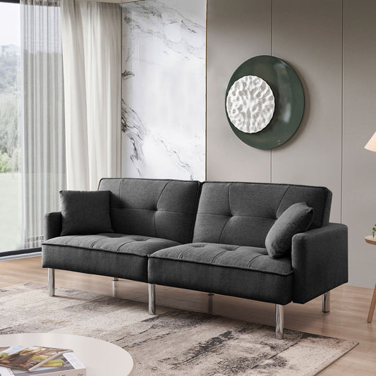 85" Dark Gray Polyester Blend Convertible Futon Sleeper Sofa And Toss Pillows With Silver Legs