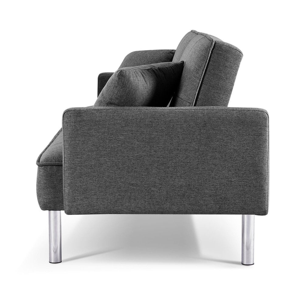 85" Dark Gray Polyester Blend Convertible Futon Sleeper Sofa And Toss Pillows With Silver Legs HomeRoots