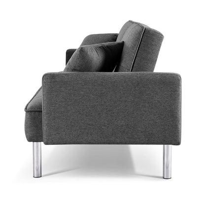 85" Dark Gray Polyester Blend Convertible Futon Sleeper Sofa And Toss Pillows With Silver Legs HomeRoots