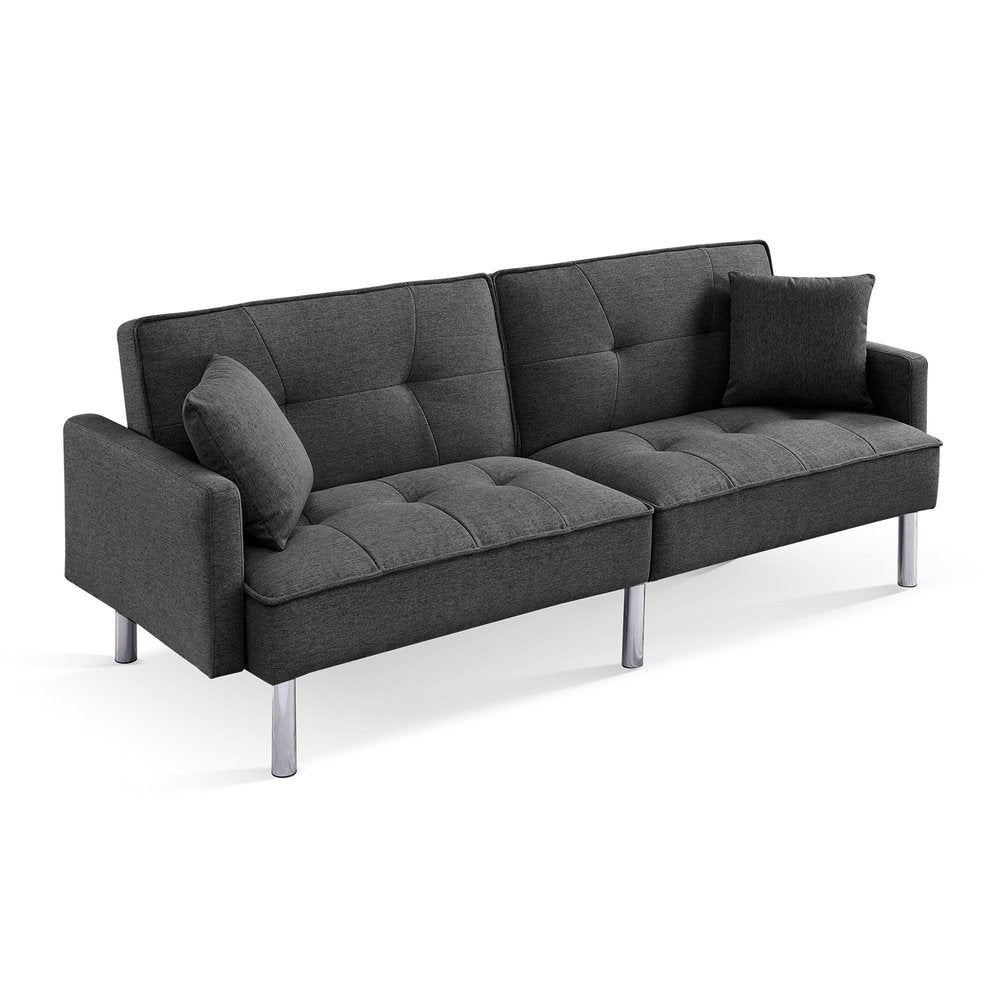 85" Dark Gray Polyester Blend Convertible Futon Sleeper Sofa And Toss Pillows With Silver Legs HomeRoots