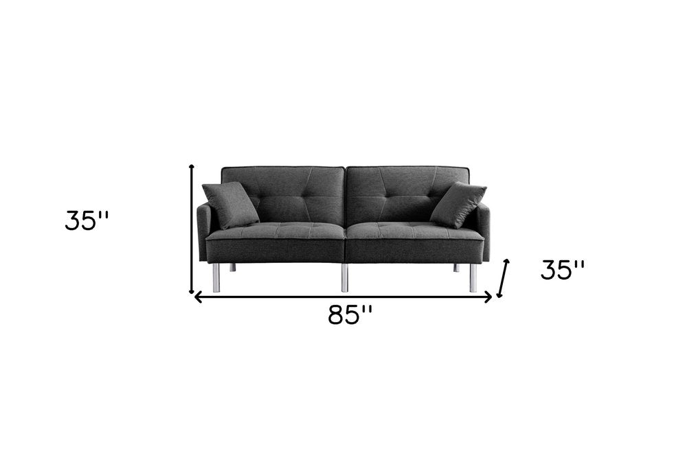 85" Dark Gray Polyester Blend Convertible Futon Sleeper Sofa And Toss Pillows With Silver Legs HomeRoots