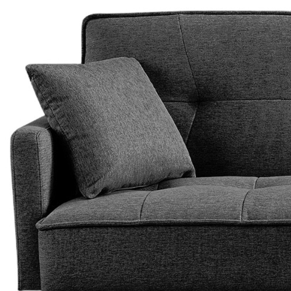 85" Dark Gray Polyester Blend Convertible Futon Sleeper Sofa And Toss Pillows With Silver Legs HomeRoots