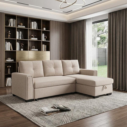 92" Beige Polyester Blend Convertible Futon Sleeper Sofa With Black Legs HomeRoots