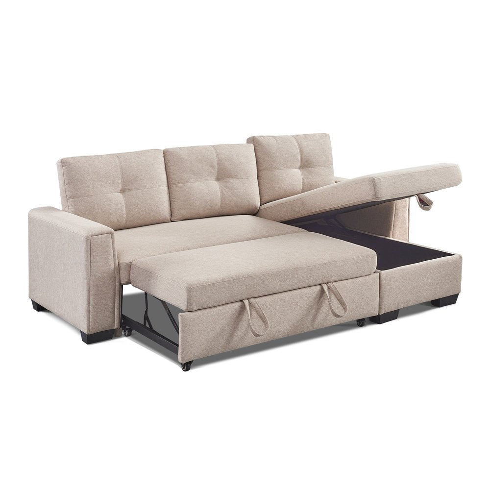 92" Beige Polyester Blend Convertible Futon Sleeper Sofa With Black Legs HomeRoots