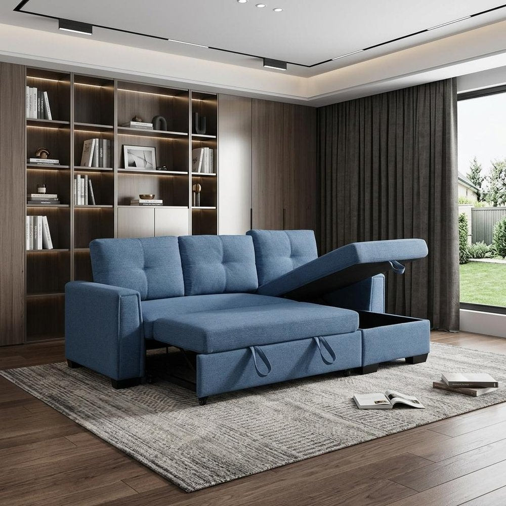 92" Blue Polyester Blend Convertible Futon Sleeper Sofa With Black Legs HomeRoots