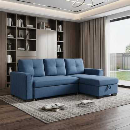 92" Blue Polyester Blend Convertible Futon Sleeper Sofa With Black Legs HomeRoots