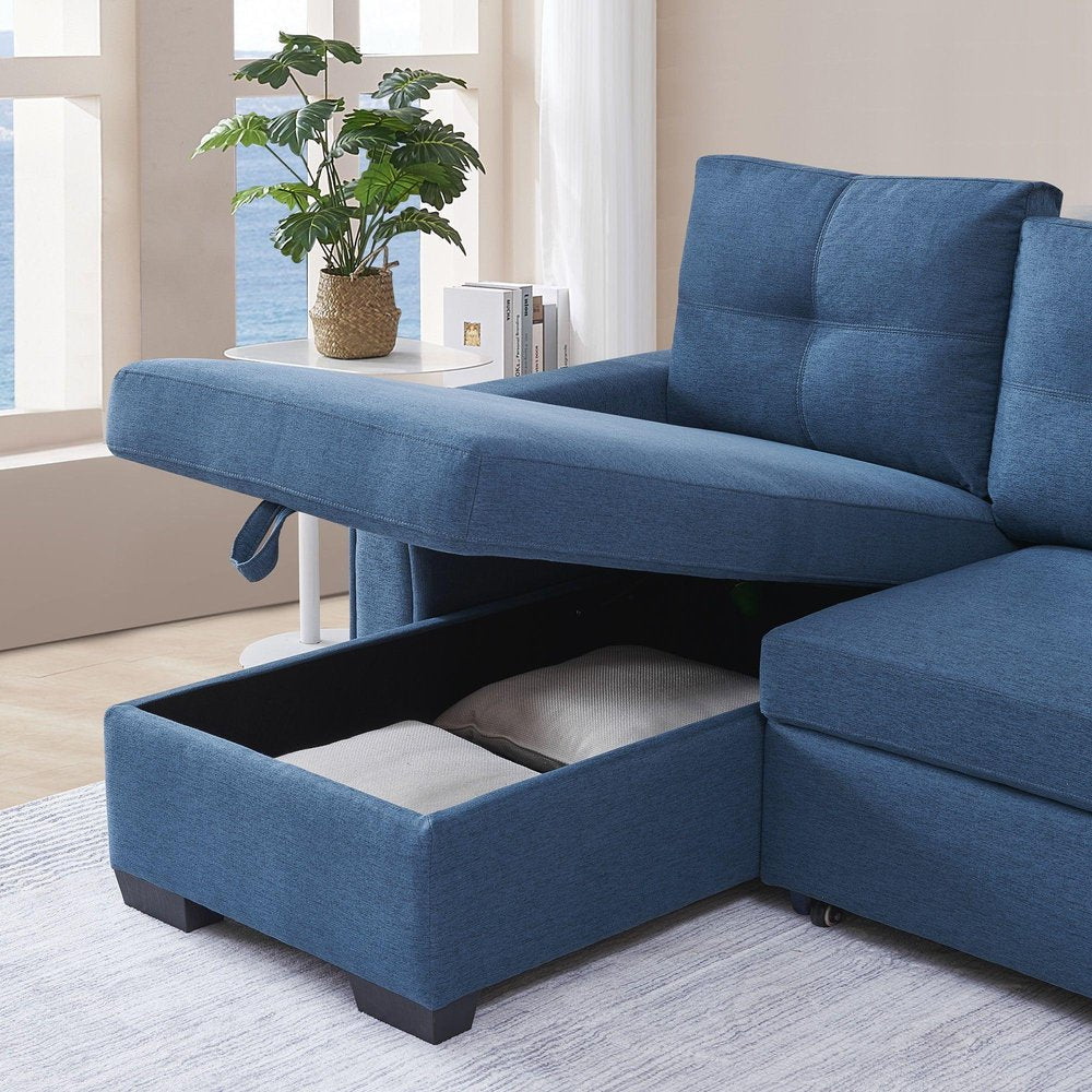 92" Blue Polyester Blend Convertible Futon Sleeper Sofa With Black Legs HomeRoots