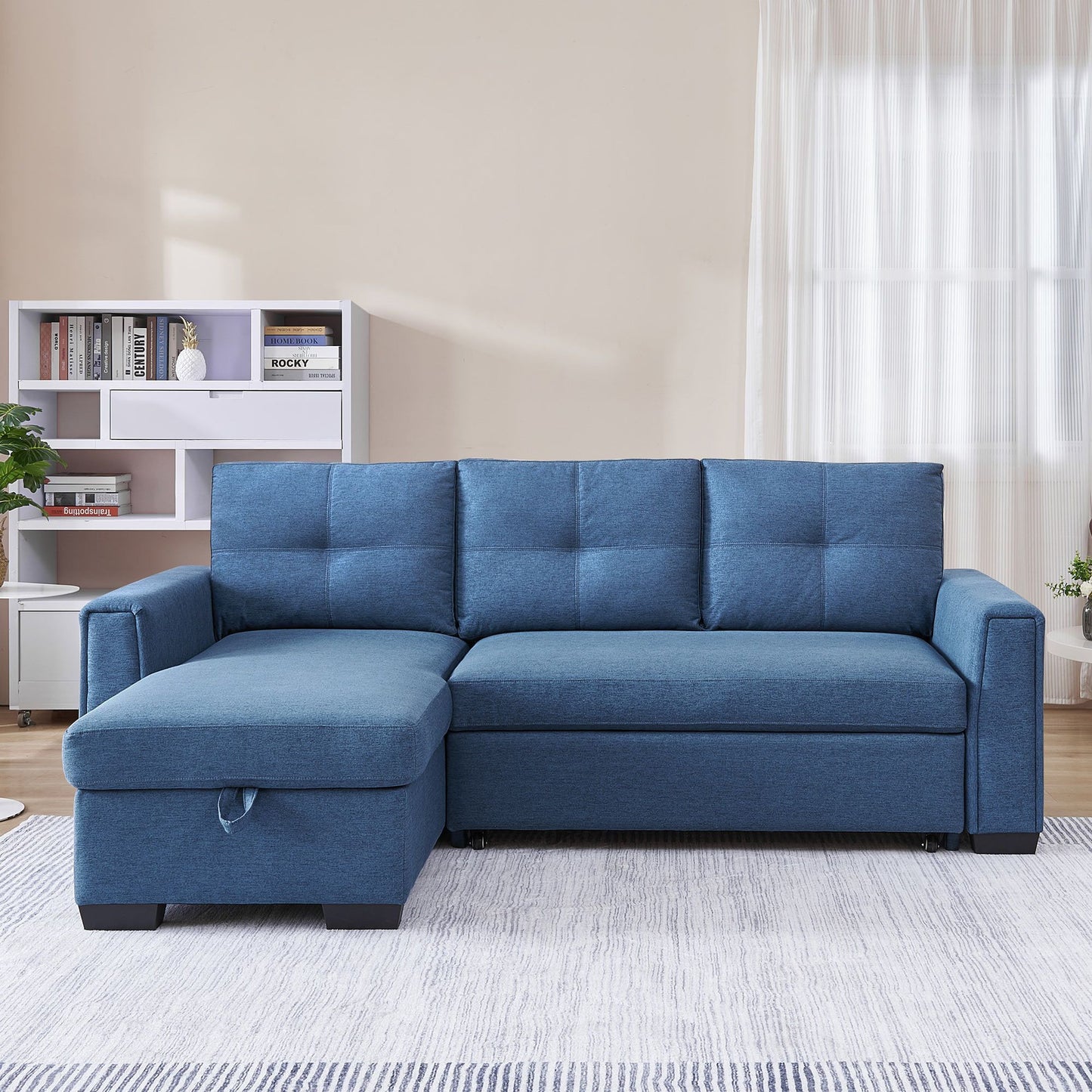92" Blue Polyester Blend Convertible Futon Sleeper Sofa With Black Legs