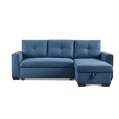 92" Blue Polyester Blend Convertible Futon Sleeper Sofa With Black Legs HomeRoots