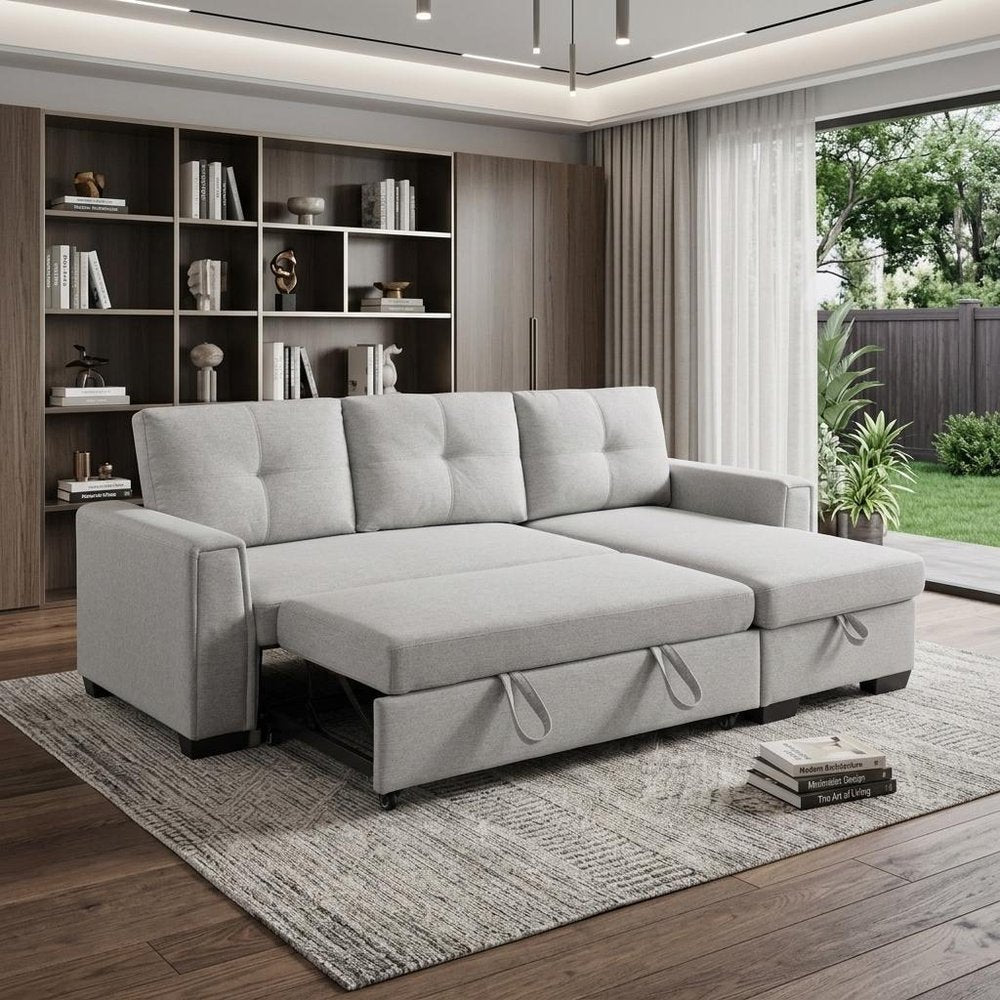 92" Light Gray Polyester Blend Convertible Futon Sleeper Sofa With Black Legs HomeRoots