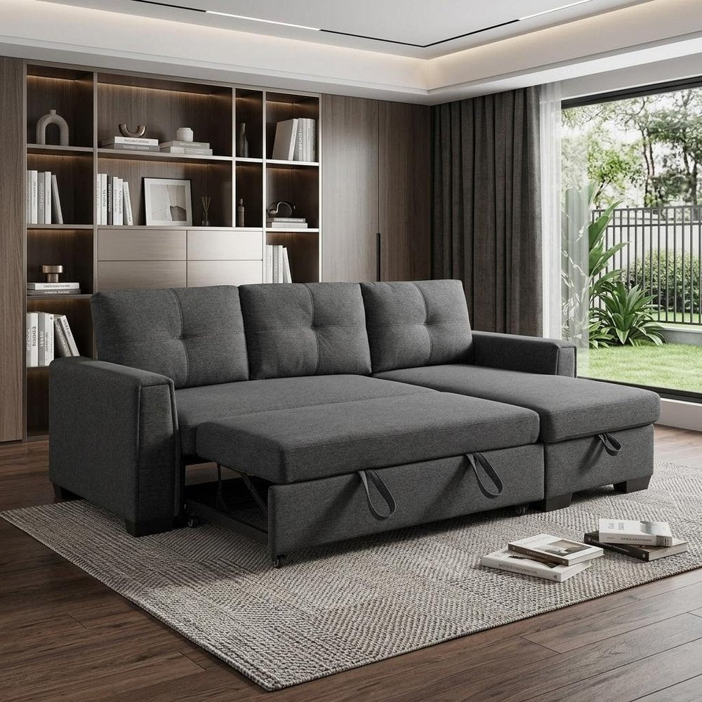 92" Dark Gray Polyester Blend Convertible Futon Sleeper Sofa With Black Legs HomeRoots