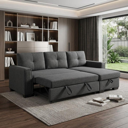 92" Dark Gray Polyester Blend Convertible Futon Sleeper Sofa With Black Legs HomeRoots