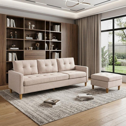 87" Beige Polyester Blend Sofa With Ottoman With Natural Legs HomeRoots