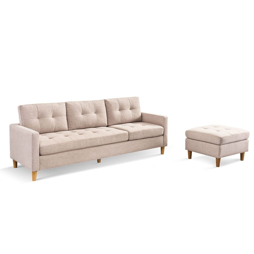 87" Beige Polyester Blend Sofa With Ottoman With Natural Legs HomeRoots