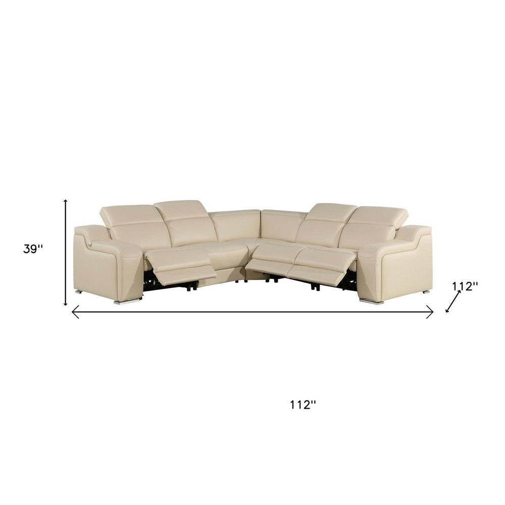 Beige Italian Leather Power Reclining L Shaped Five Piece Corner Sectional HomeRoots