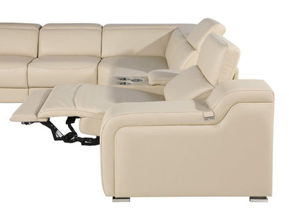 Beige Italian Leather Power Reclining L Shaped Six Piece Corner Sectional With Console HomeRoots