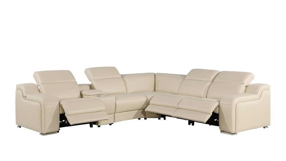 Beige Italian Leather Power Reclining L Shaped Six Piece Corner Sectional With Console HomeRoots