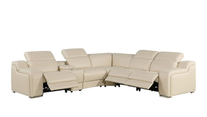 Beige Italian Leather Power Reclining L Shaped Six Piece Corner Sectional With Console HomeRoots