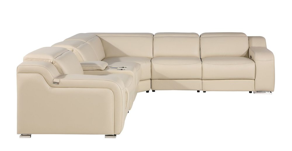 Beige Italian Leather Power Reclining L Shaped Six Piece Corner Sectional With Console HomeRoots