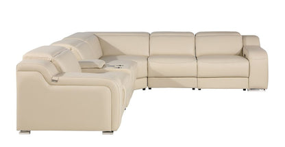 Beige Italian Leather Power Reclining L Shaped Six Piece Corner Sectional With Console HomeRoots