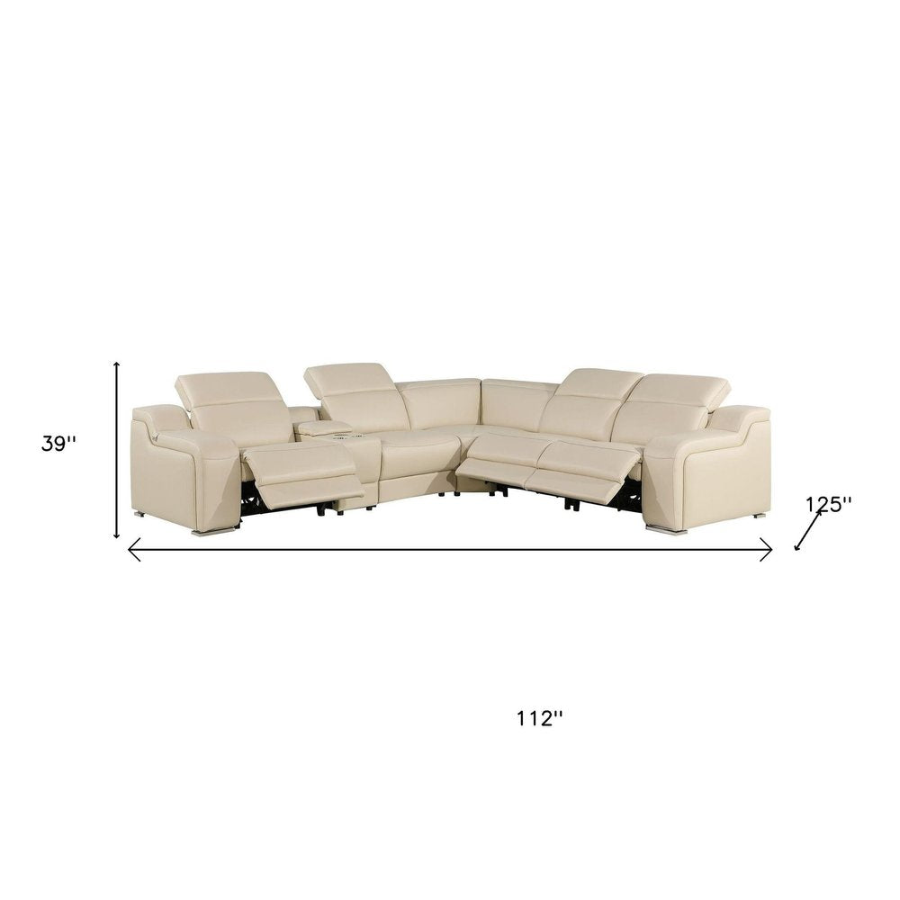Beige Italian Leather Power Reclining L Shaped Six Piece Corner Sectional With Console HomeRoots