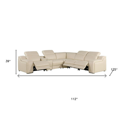 Beige Italian Leather Power Reclining L Shaped Six Piece Corner Sectional With Console HomeRoots