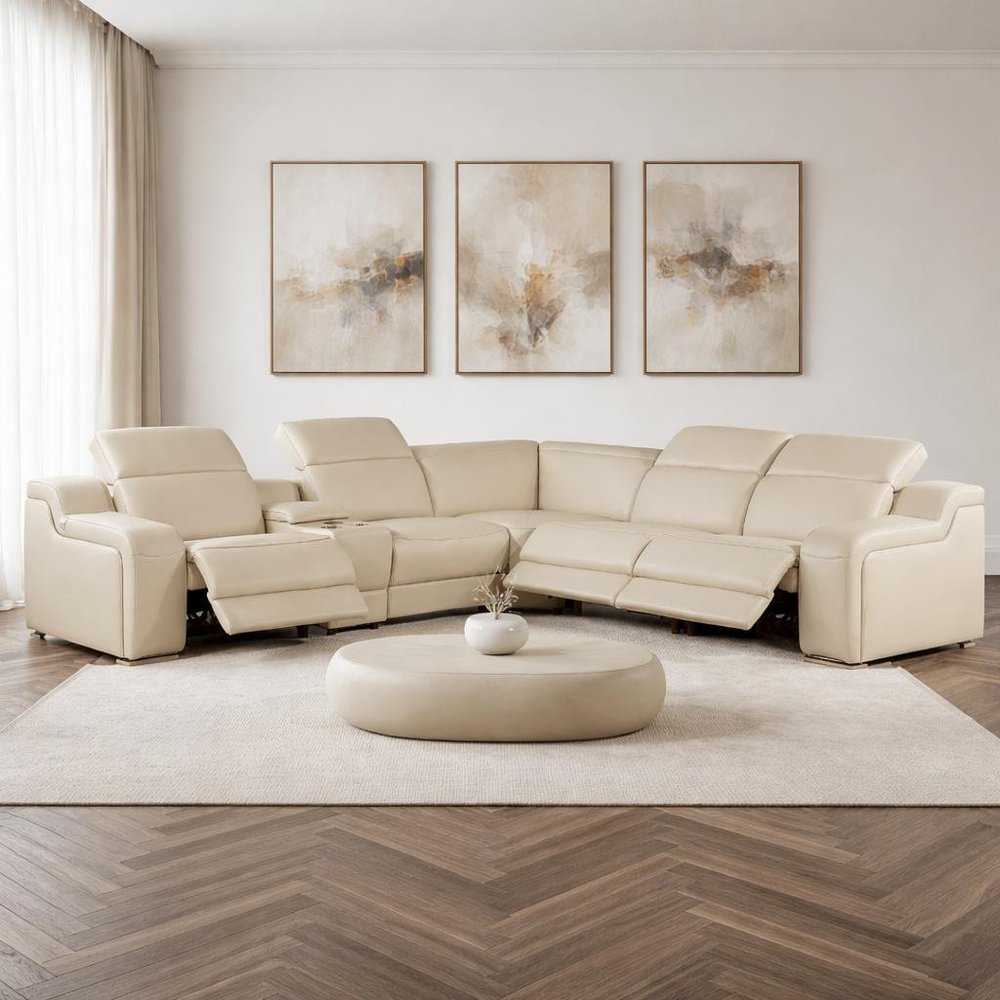 Beige Italian Leather Power Reclining L Shaped Six Piece Corner Sectional With Console HomeRoots