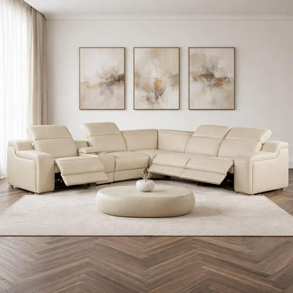 Beige Italian Leather Power Reclining L Shaped Six Piece Corner Sectional With Console HomeRoots