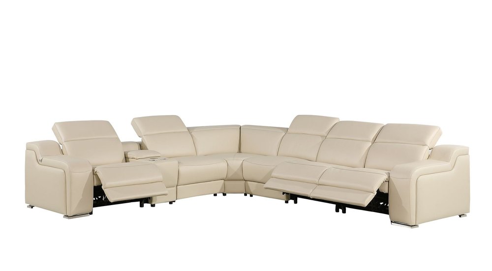 Beige Italian Leather Power Reclining L Shaped Seven Piece Corner Sectional With Console HomeRoots