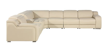 Beige Italian Leather Power Reclining L Shaped Seven Piece Corner Sectional With Console HomeRoots