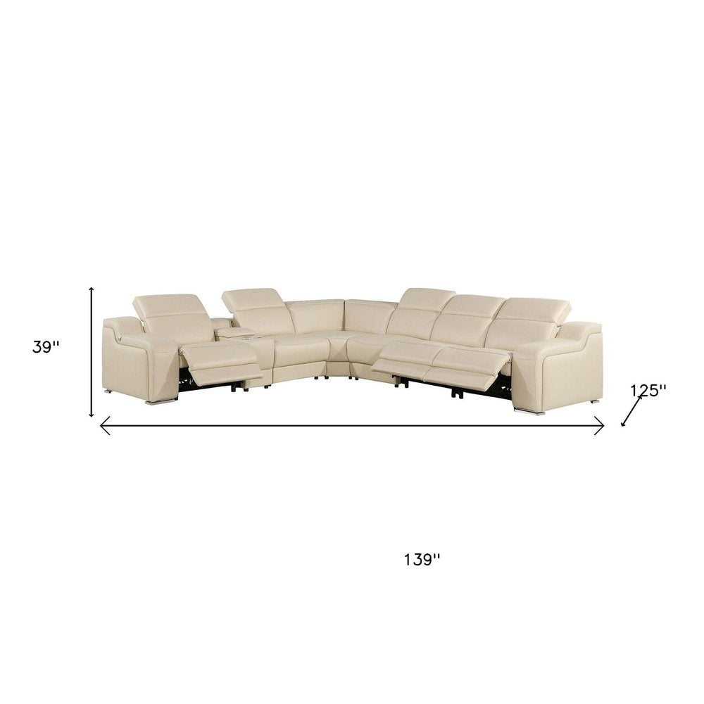Beige Italian Leather Power Reclining L Shaped Seven Piece Corner Sectional With Console HomeRoots