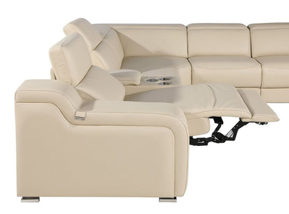 Beige Italian Leather Power Reclining L Shaped Seven Piece Corner Sectional With Console HomeRoots