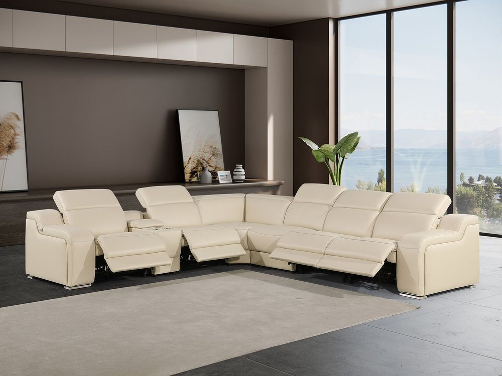 Beige Italian Leather Power Reclining Curved Seven Piece Corner Sectional With Console HomeRoots