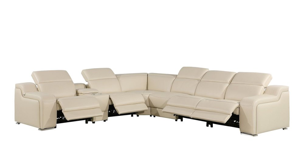 Beige Italian Leather Power Reclining L Shaped Seven Piece Corner Sectional With Console HomeRoots