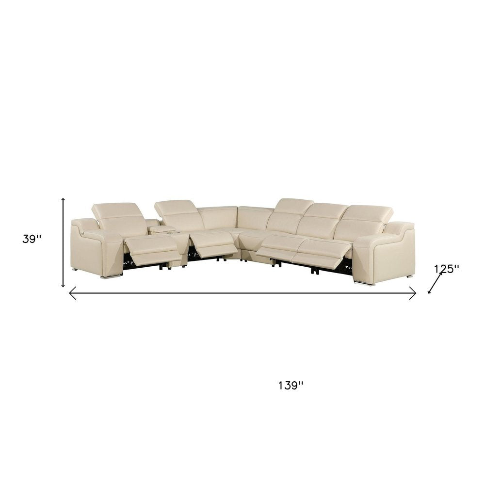 Beige Italian Leather Power Reclining L Shaped Seven Piece Corner Sectional With Console HomeRoots