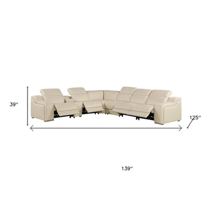 Beige Italian Leather Power Reclining L Shaped Seven Piece Corner Sectional With Console HomeRoots