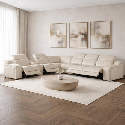 Beige Italian Leather Power Reclining L Shaped Seven Piece Corner Sectional With Console HomeRoots
