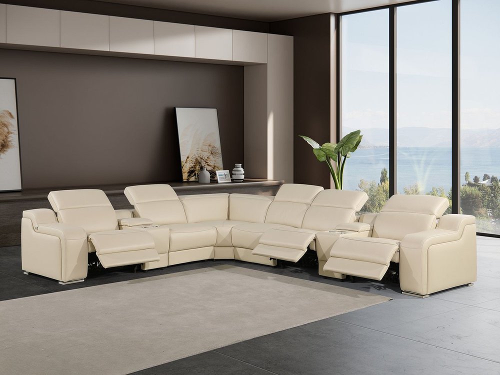 Beige Italian Leather Power Reclining Curved Seven Piece Corner Sectional With Console HomeRoots