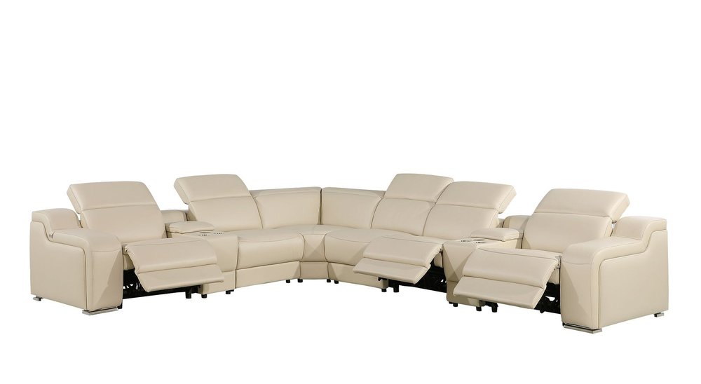 Beige Italian Leather Power Reclining L Shaped Seven Piece Corner Sectional With Console HomeRoots