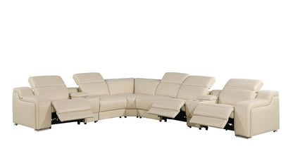 Beige Italian Leather Power Reclining L Shaped Seven Piece Corner Sectional With Console HomeRoots